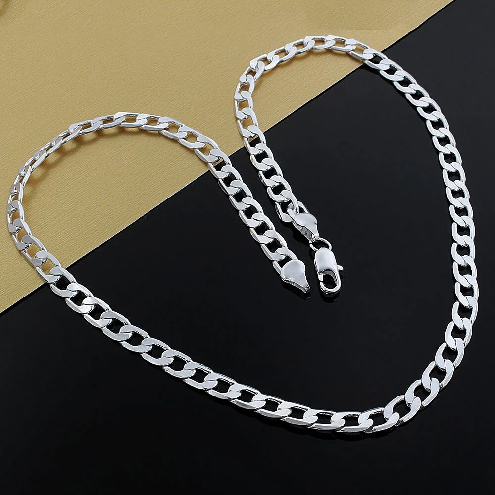 925 Sterling Silver 8mm Width 16~ 24 Inch Cuban Bend Chain Men’s Necklace –