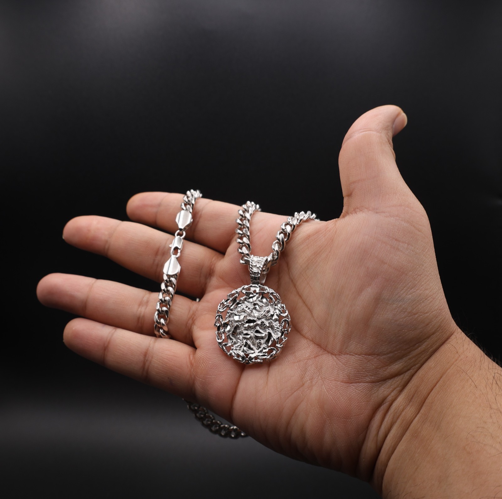 Large Silver Nugget Necklace 7mm Curb Chain Rhodium Plated For Men