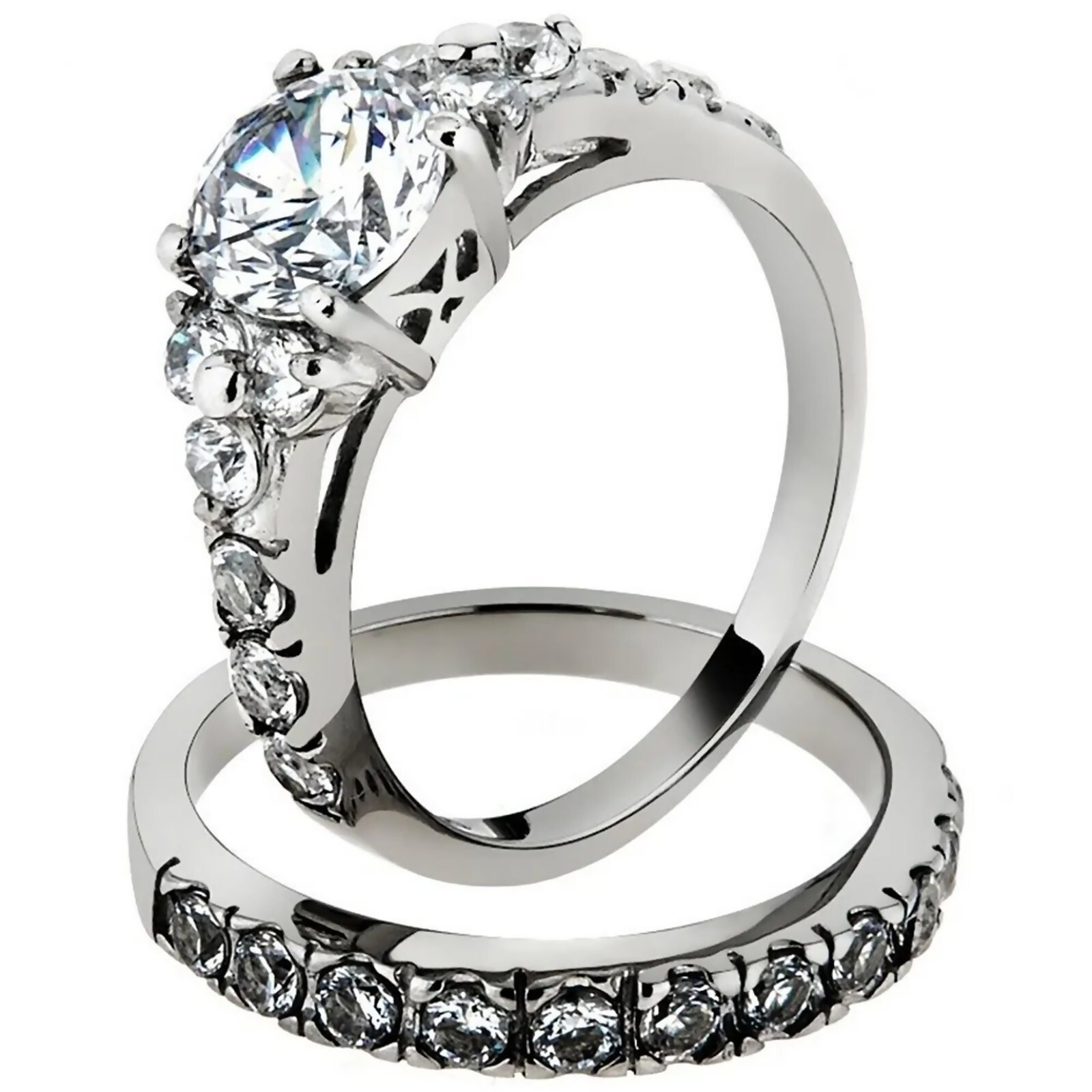 Solitaire with Accents Engagement Ring Half Eternity Wedding Band Stacking Set