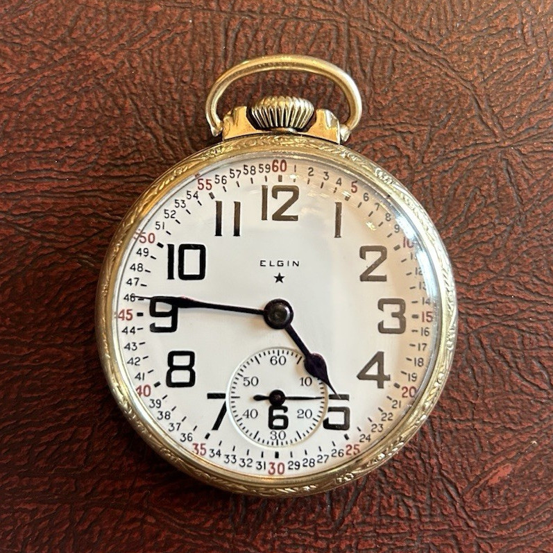 Elgin Open Face Pocket Watch Mechanical Manual Gold Case White Arabic Dial