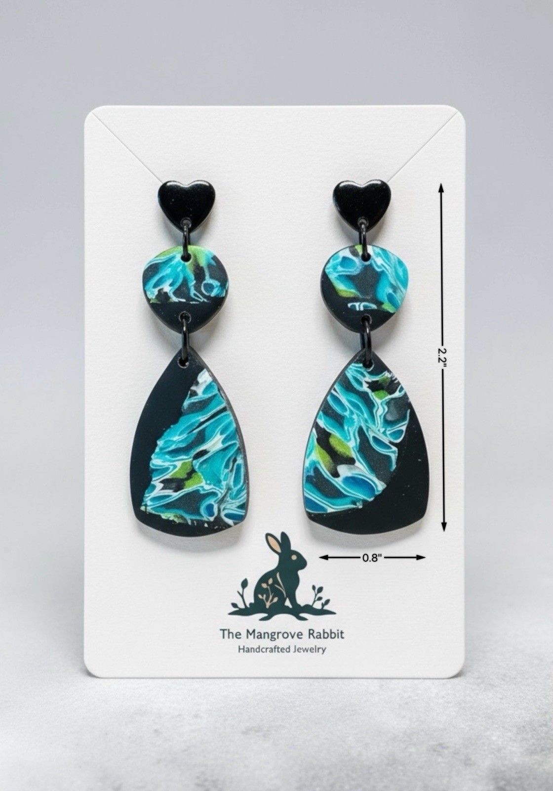 Handmade Black, Blue & Green Large Polymer Clay Dangle Earrings Stainless Posts