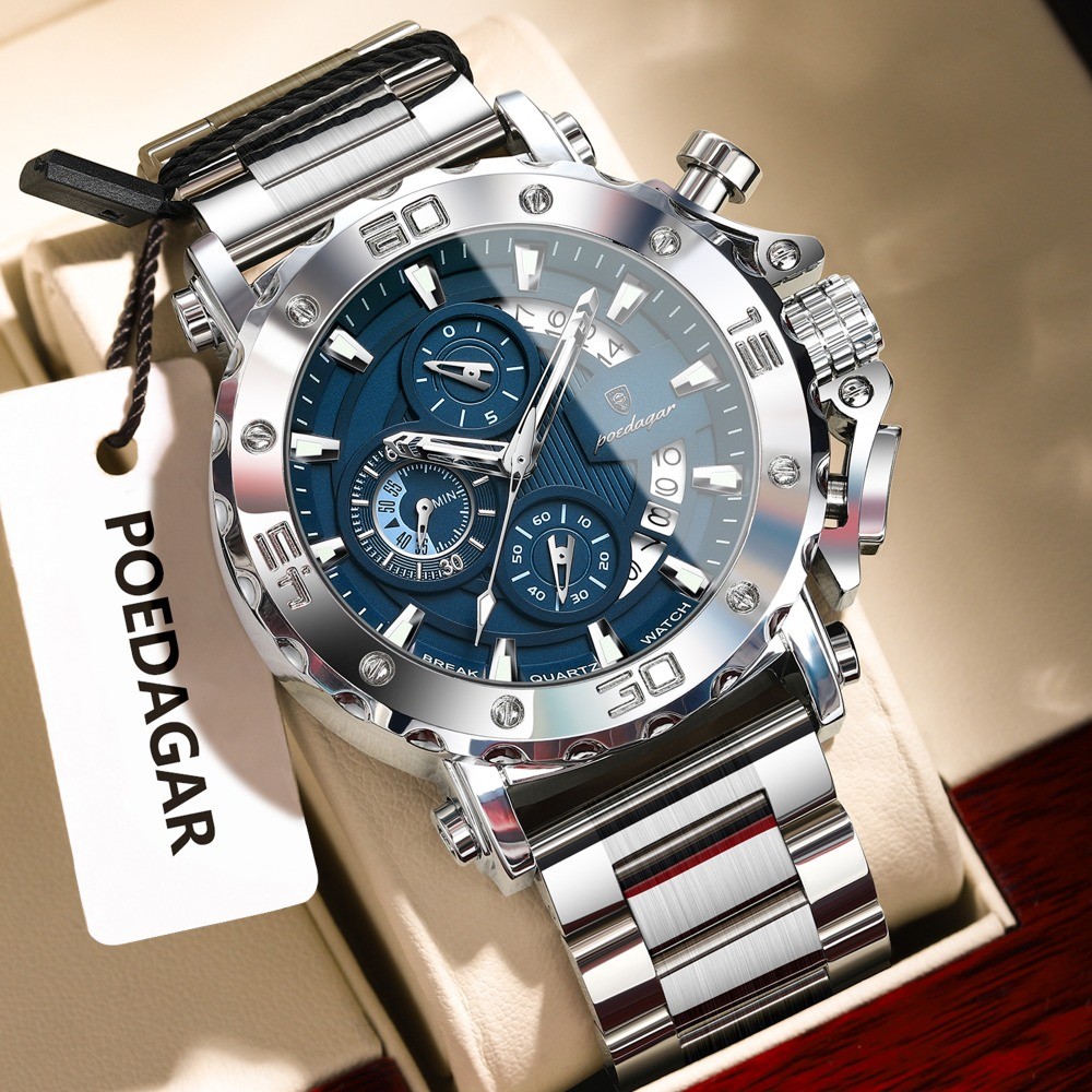 POEDAGAR Luxury Men’s Calendar Luminous Waterproof Stainless Steel Quartz Watch
