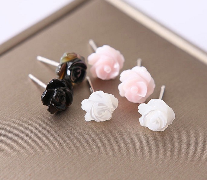 6/8/10mm 925 Sterling Silver Mother of Pearl Rose Flower Stud Earrings Gift Box