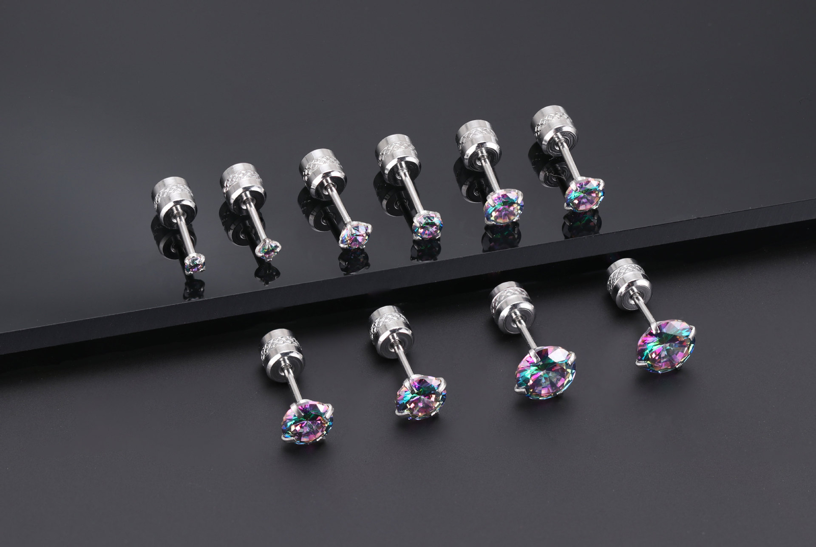 2Pair Silver Stainless Steel Round CZ Earrings Screw Back Ear Stud for Men Women