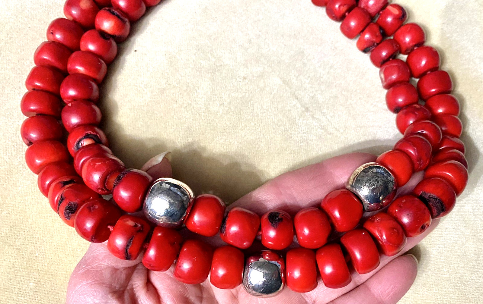 Auth. RED BAMBOO CORAL Necklace Heavy Bead Sterling 925 Clasp 2 Strand 17″ Long