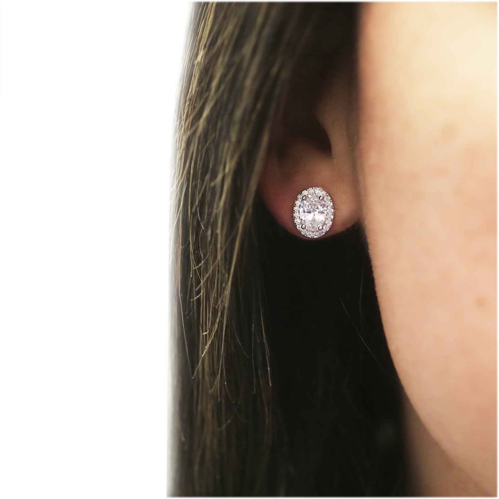 18k White Gold Plated Oval Cut Halo Stud Earrings Made With Swarovski Elements