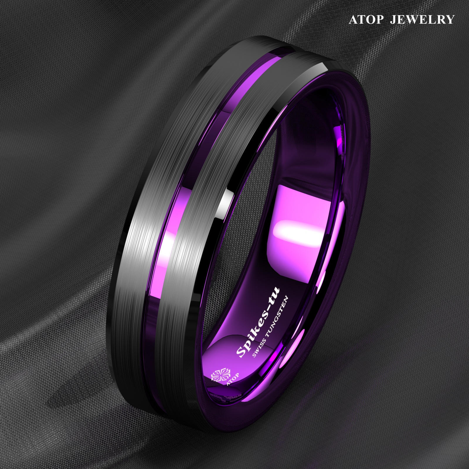 8/6mm Black Tungsten Carbide Thin Purple Line Wedding Band Ring ATOP Men Jewelry