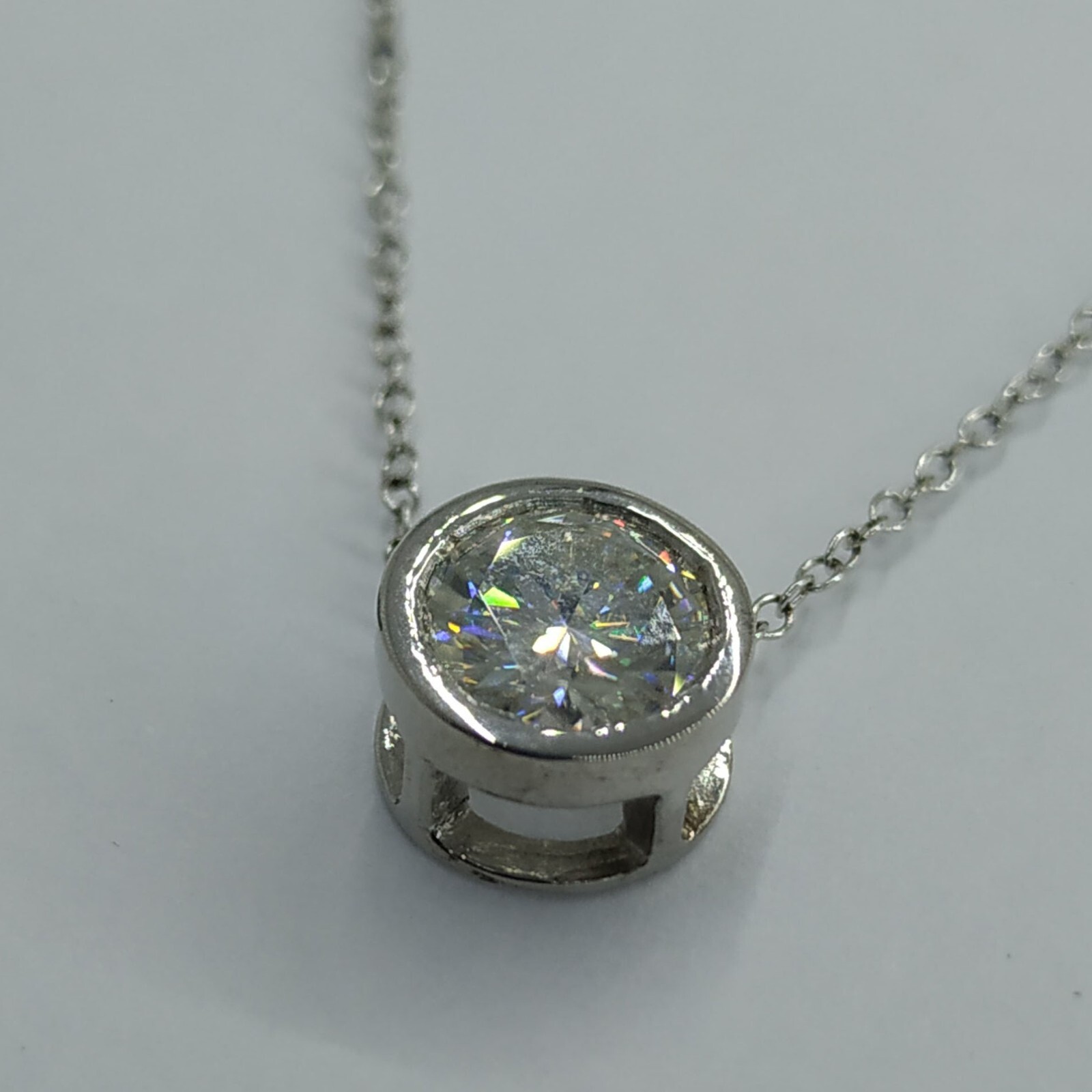 14K White Gold Plated 1.10 Ct Bezel Set Solitaire Real Moissanite Pendant Chain
