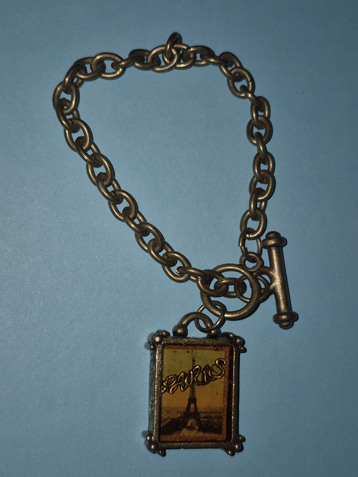Vintage Bronze Paris Eiffel Tower Toggle Charm Bracelet 7.5″