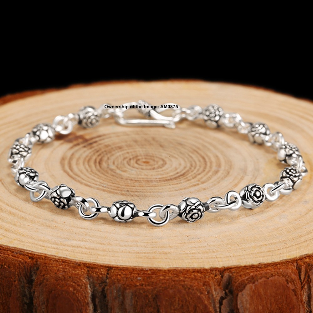 Gift-Ready Pure 925 Sterling Silver ROLO Chain Bracelet with Rose Pattern Beads