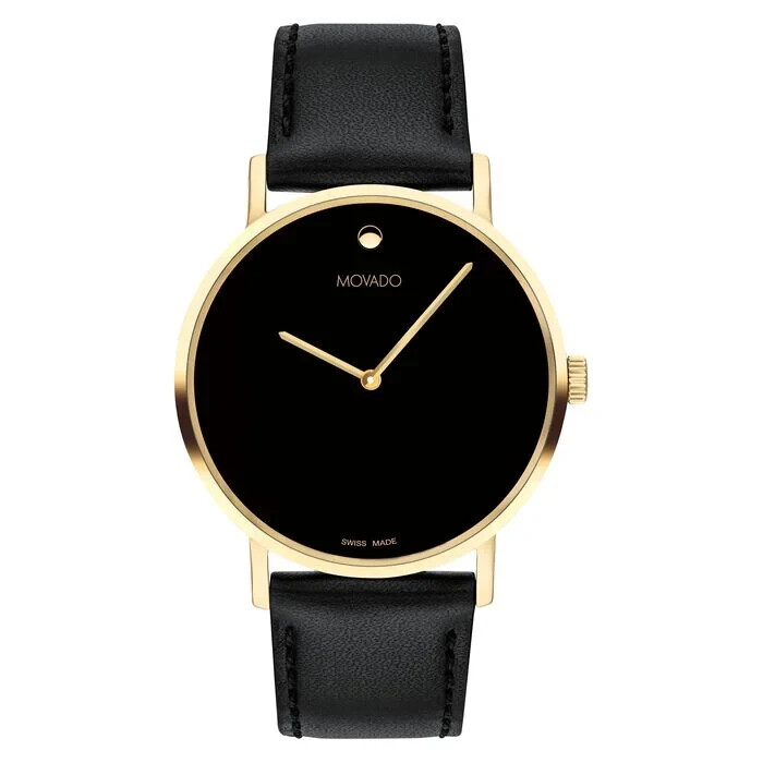 MOVADO SIGNATURE 0607591 GOLD BLACK LEATHER STRAP STAINLESS CASE 40mm WATCH