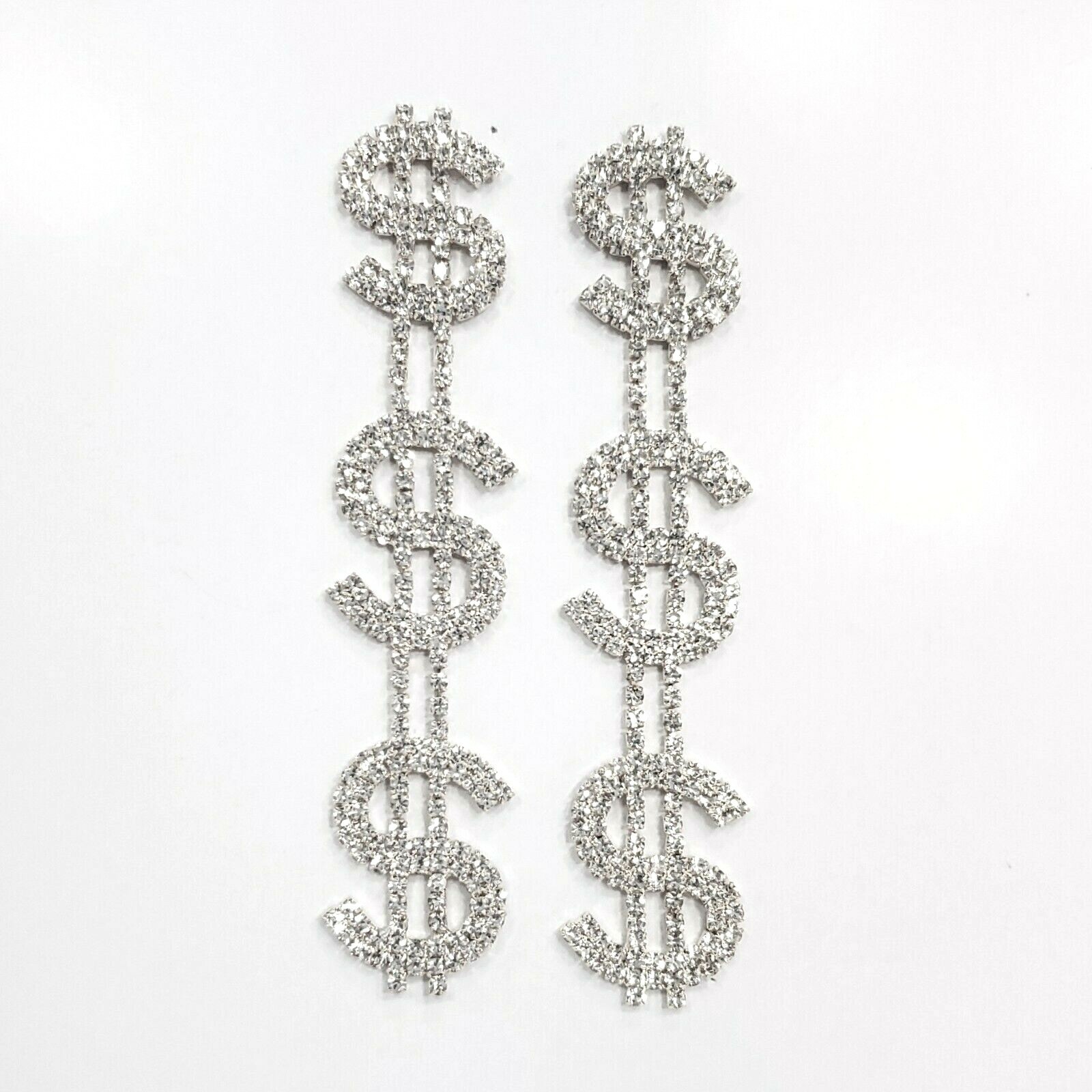 E0132 Bling Clear Silver Tone US Dollar Money $$$ Sign Long Drop Dangle Earrings