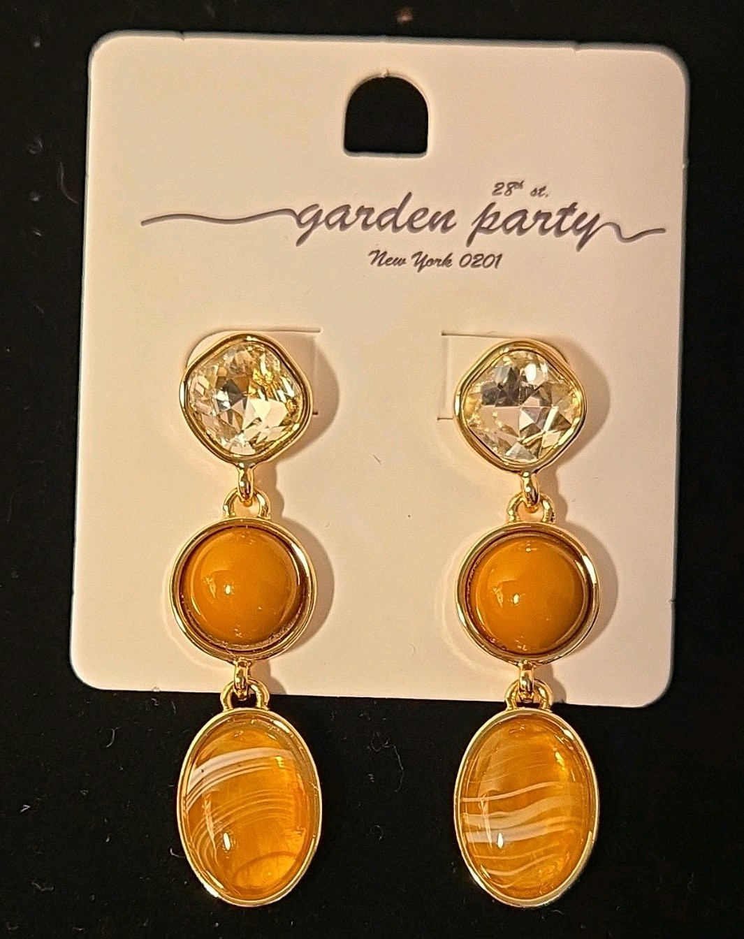 Garden Party Gold Tone Clear Crystal & Orange Oval Dangle Earrings Butterfly