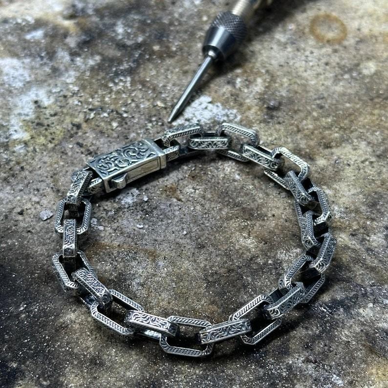 Mens 925 Sterling Silver Oxidized Curb Chain Bracelet Hand Engraved Jewelry