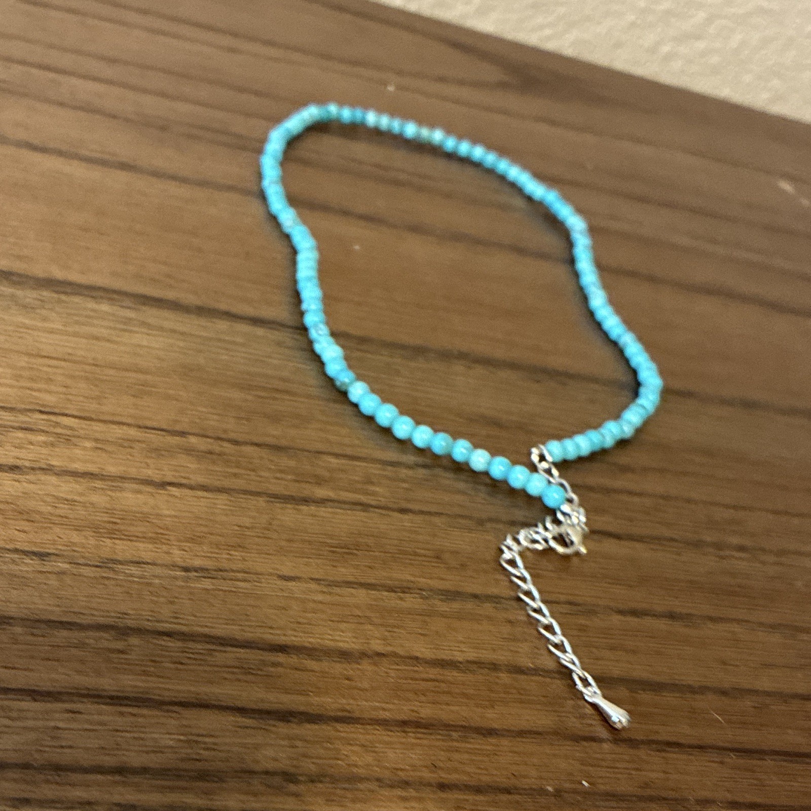 Blue Round Beaded Necklace Adjustable Cable Chain Extender Lobster Clasp