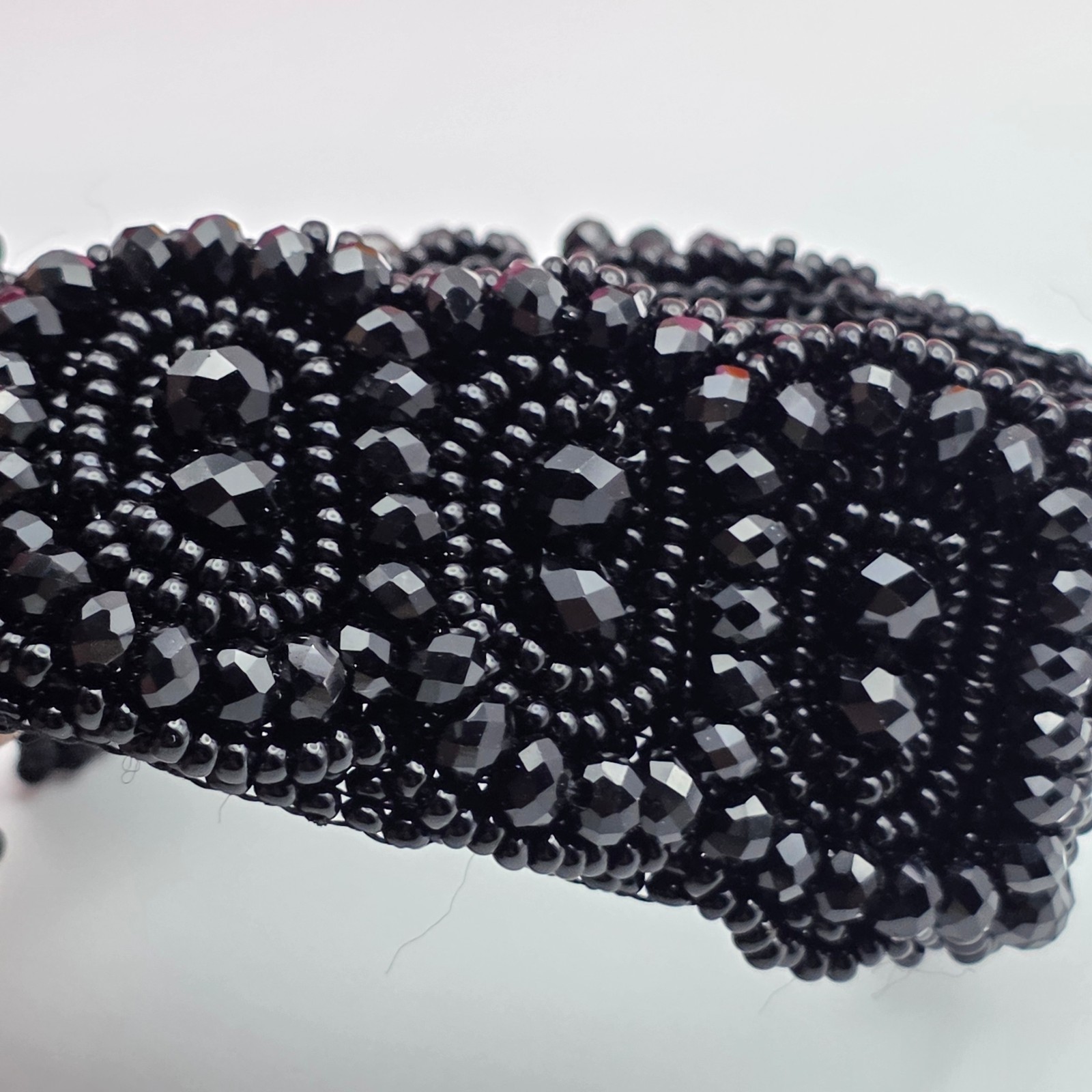 Black Crystal Seed Bead Woven Cuff Bracelet 6.5 In Toggle Clasp Boho Statement