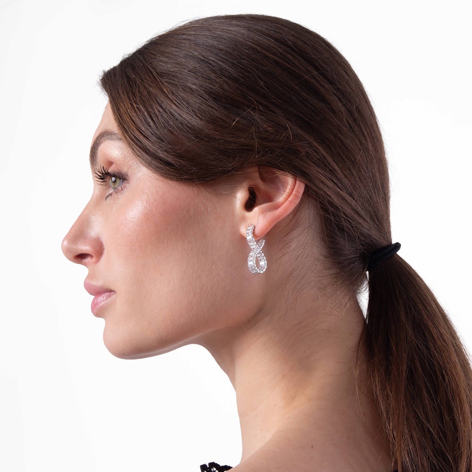 Swarovski Hyperbola Pierced Earrings Hoop Twist Rhodium Shiny White