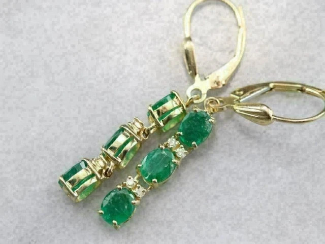 3Ct Lab Created Oval Green Emerald Drop/Dangle Earrings 14K Yellow Gold Plated