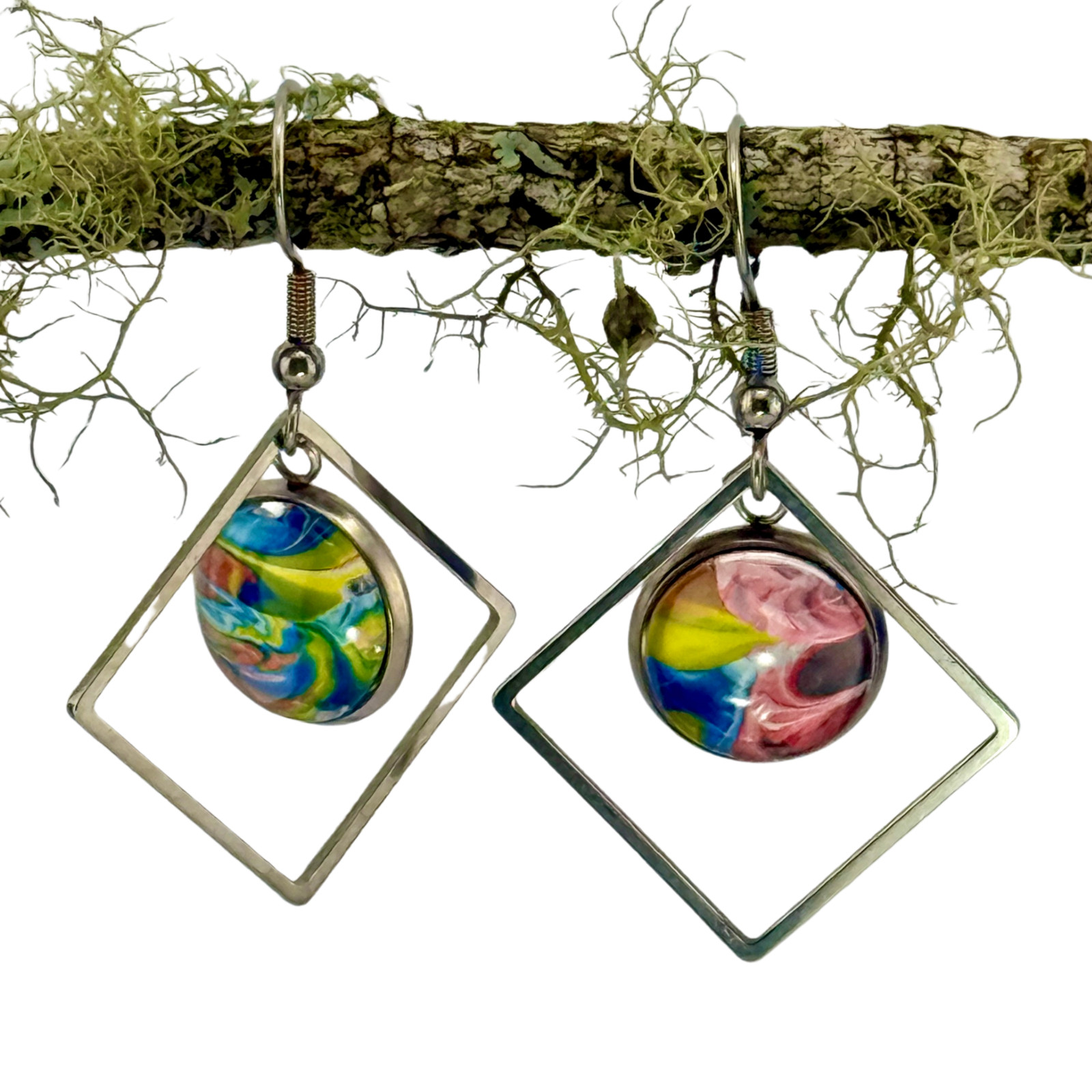 Dangle Earrings Handmade Multicolor Swirl Square Sterling Silver French Earwires