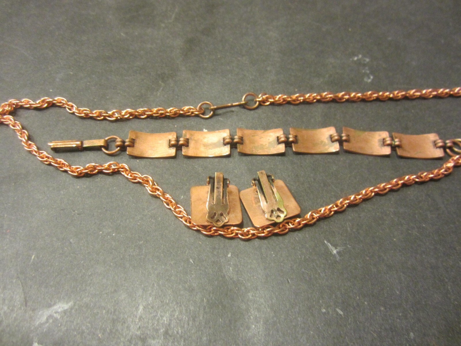 Copper bracelet and clip earrings addon chain no mark