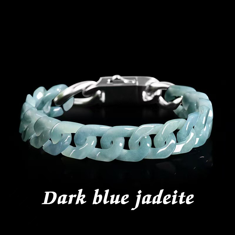Real Grade A Natural Blue Jade Bracelet Jadeite Cuban Curb Link Chain 5.9-9.4in
