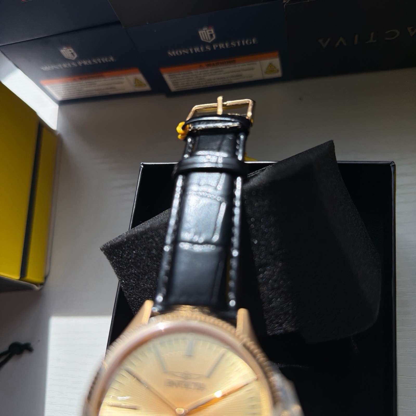 Invicta Men’s Gold Analog Wristwatch Black Leather Strap Dress Formal