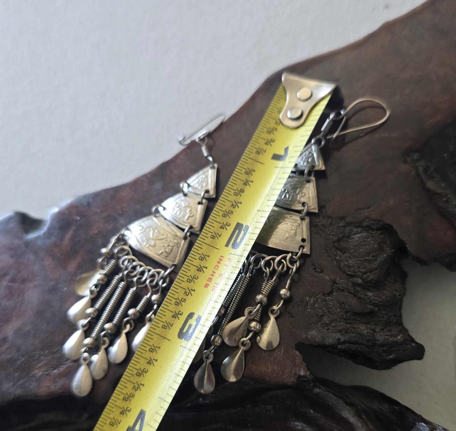 Peruvian Alpaca Silvertone Earrings Handmade Long Dangle Ethnic Inca Lightweight