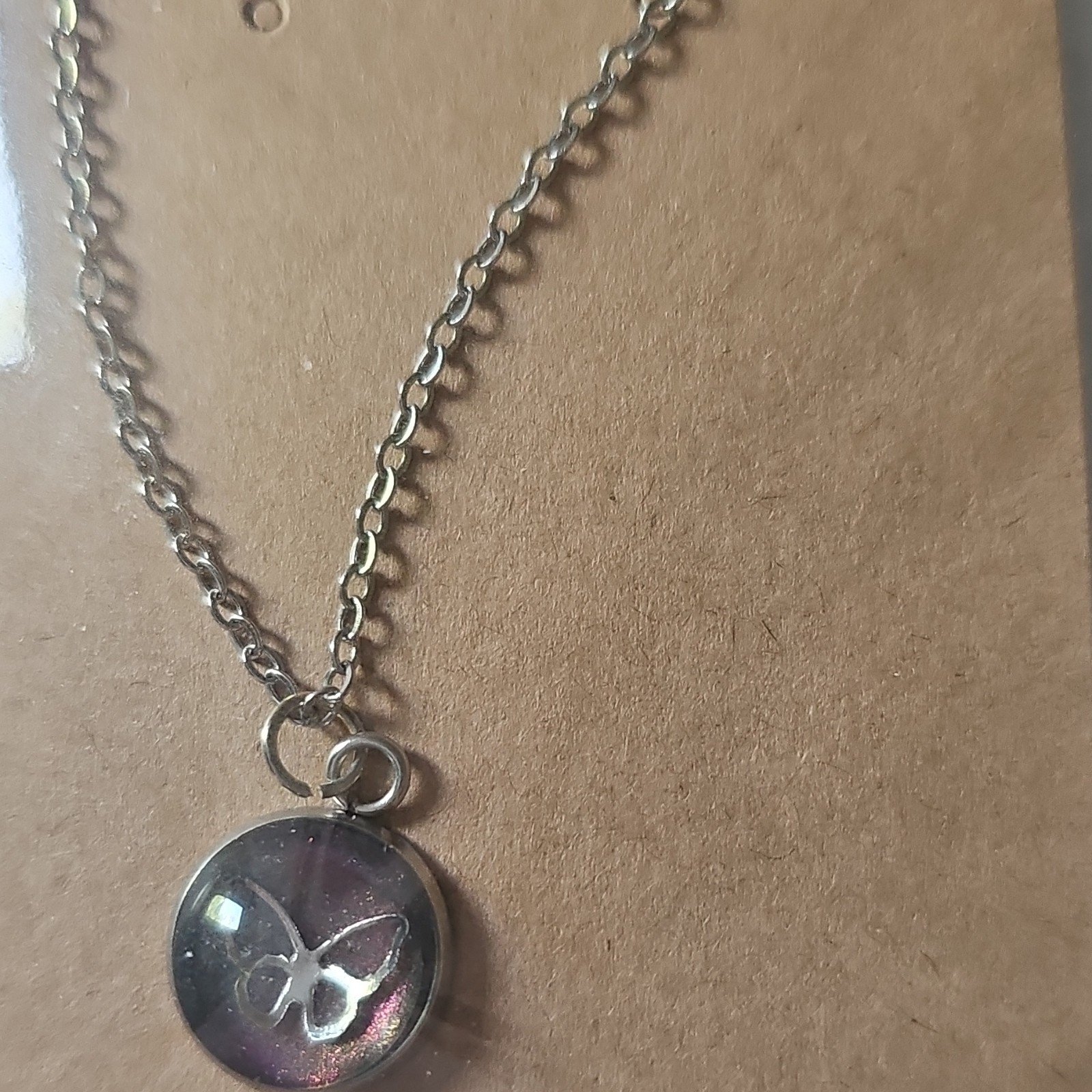 Silver Tone Cable Chain Necklace Round Purple Glass Butterfly Charm Pendant