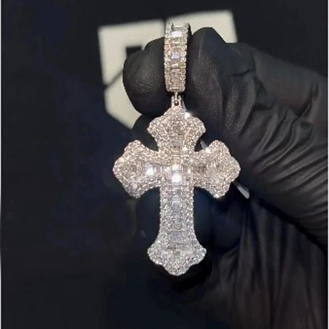 3Ct Round & Baguette Cut Moissanite Men’s Cross Pendant White Gold Plated Silver