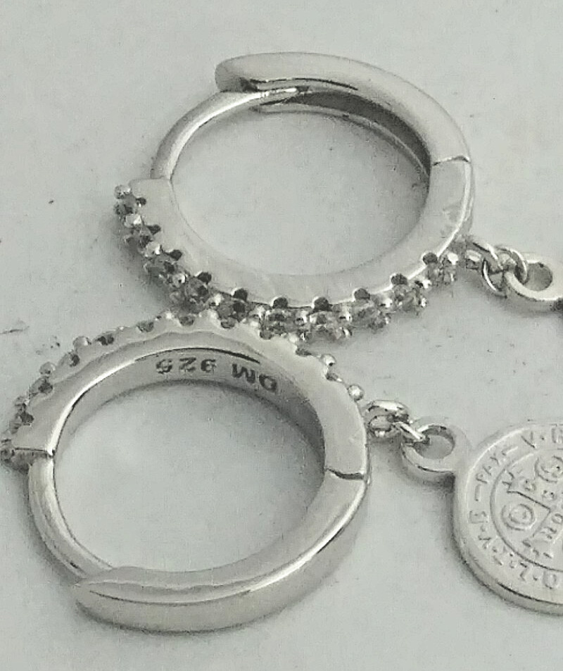 925 STERLING SILVER Rhodium Plated SAINT BENEDICT MEDAL Earrings 22x13MM