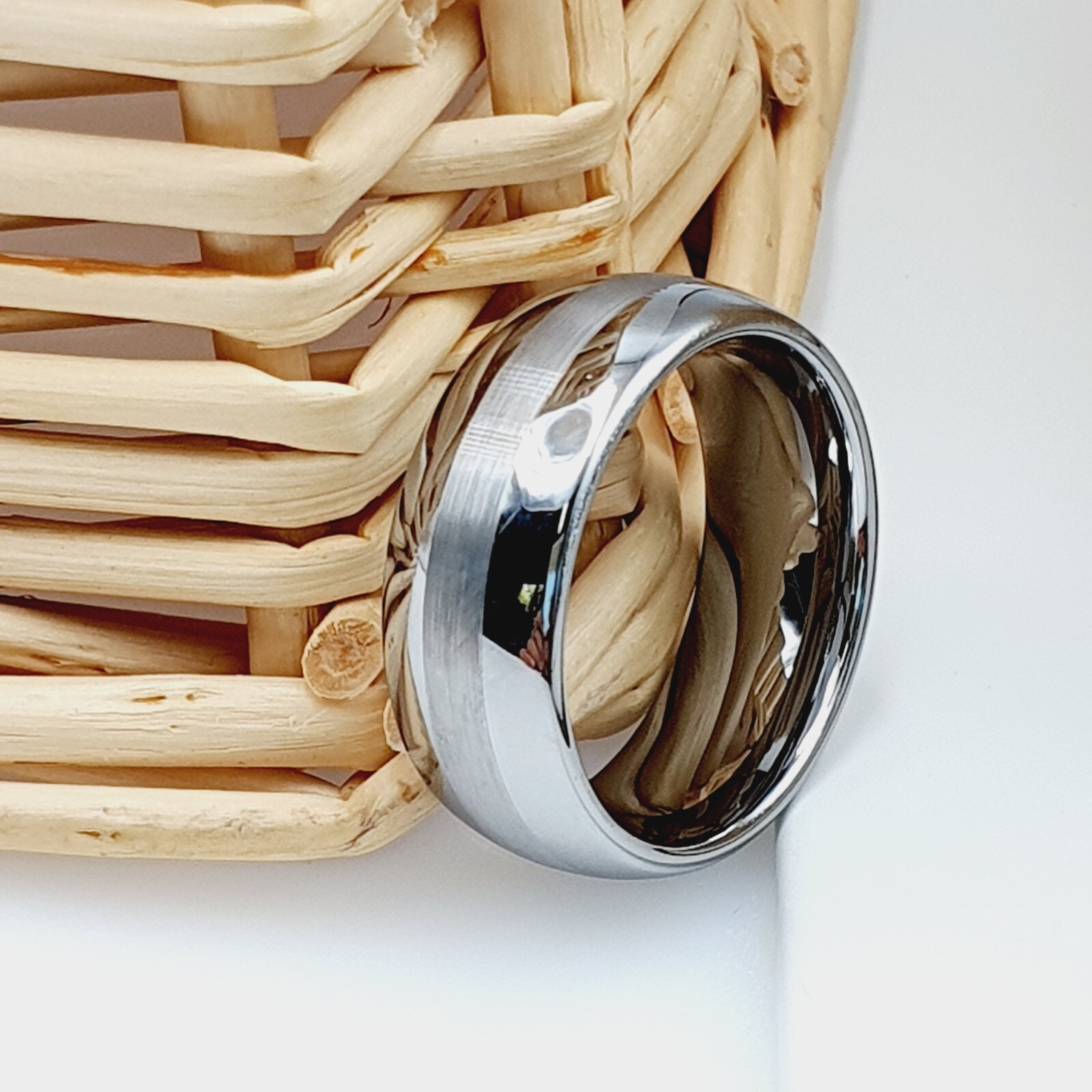 Satin Brushed Center Stripe Dome Silver Ring Anniversary Band for Couples