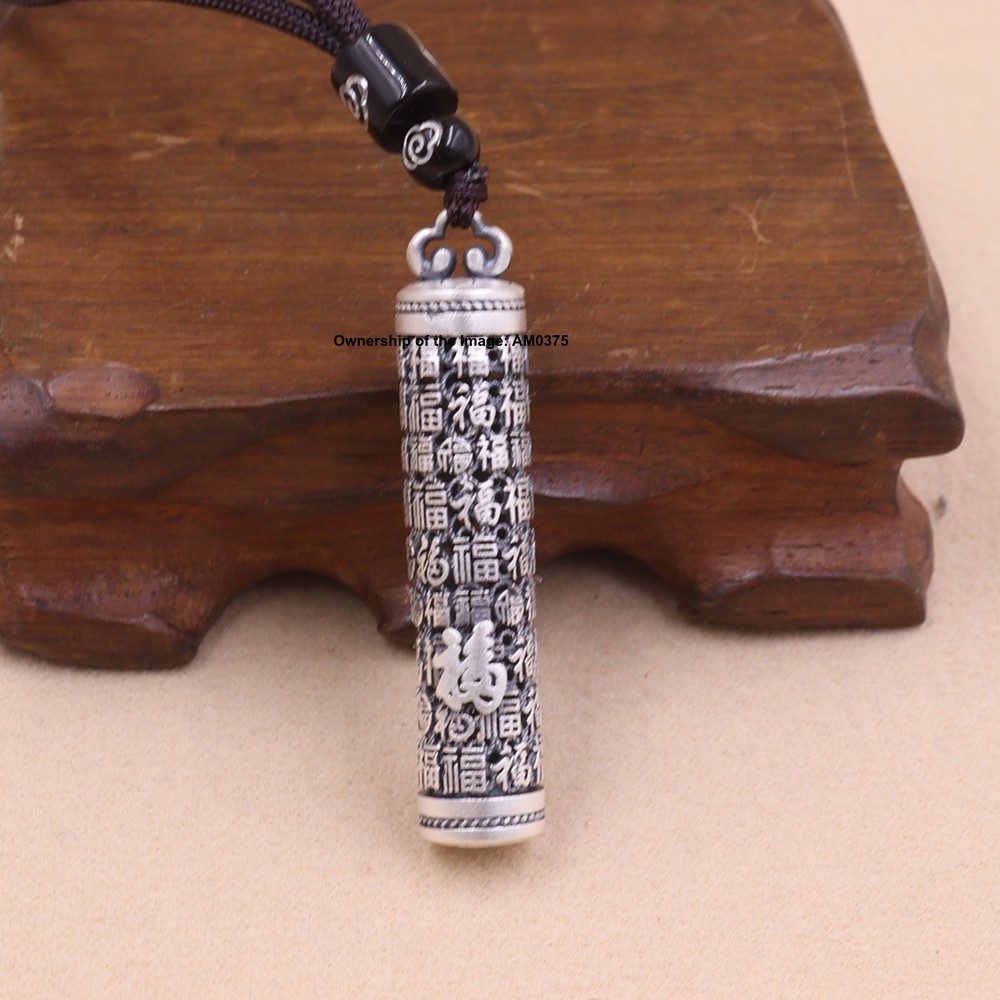 Solid 999 Pure Silver Long Cylindrical Pendant Engraved 福 (Good Fortune) Symbol