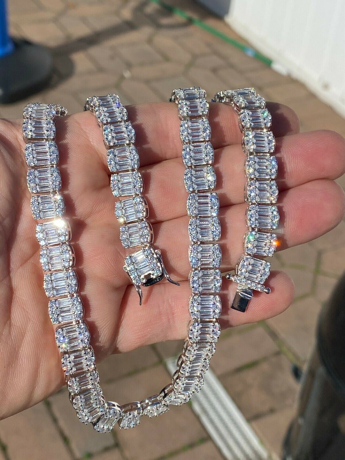 Solid 925 Sterling Silver Baguette Tennis Chain Bracelet Real Iced CZ