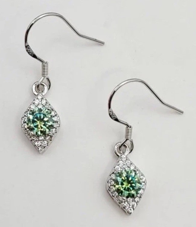 .5 CT Certified Moissanite Blue-Green Earrings 925 Sterling Silver, 18K Gold Pl.