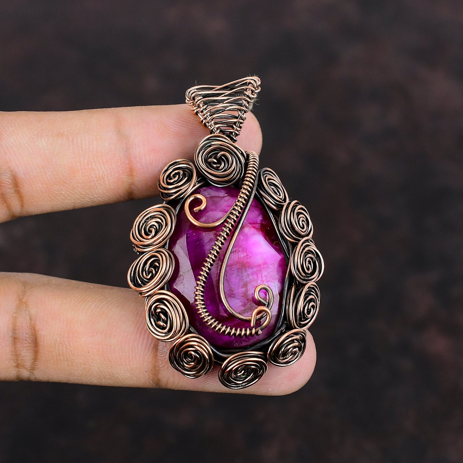 Sisters Day Deal Kashmir Rubi Stone Wire Wrapped Flower Pendant Jewelry Copper