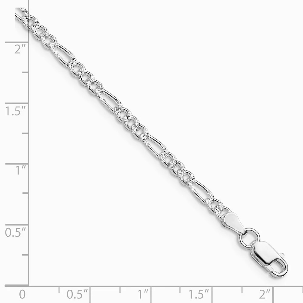 Sterling Silver Rhodium-Plated 3mm Pavé Flat Figaro Chain Bracelet 7″-8″