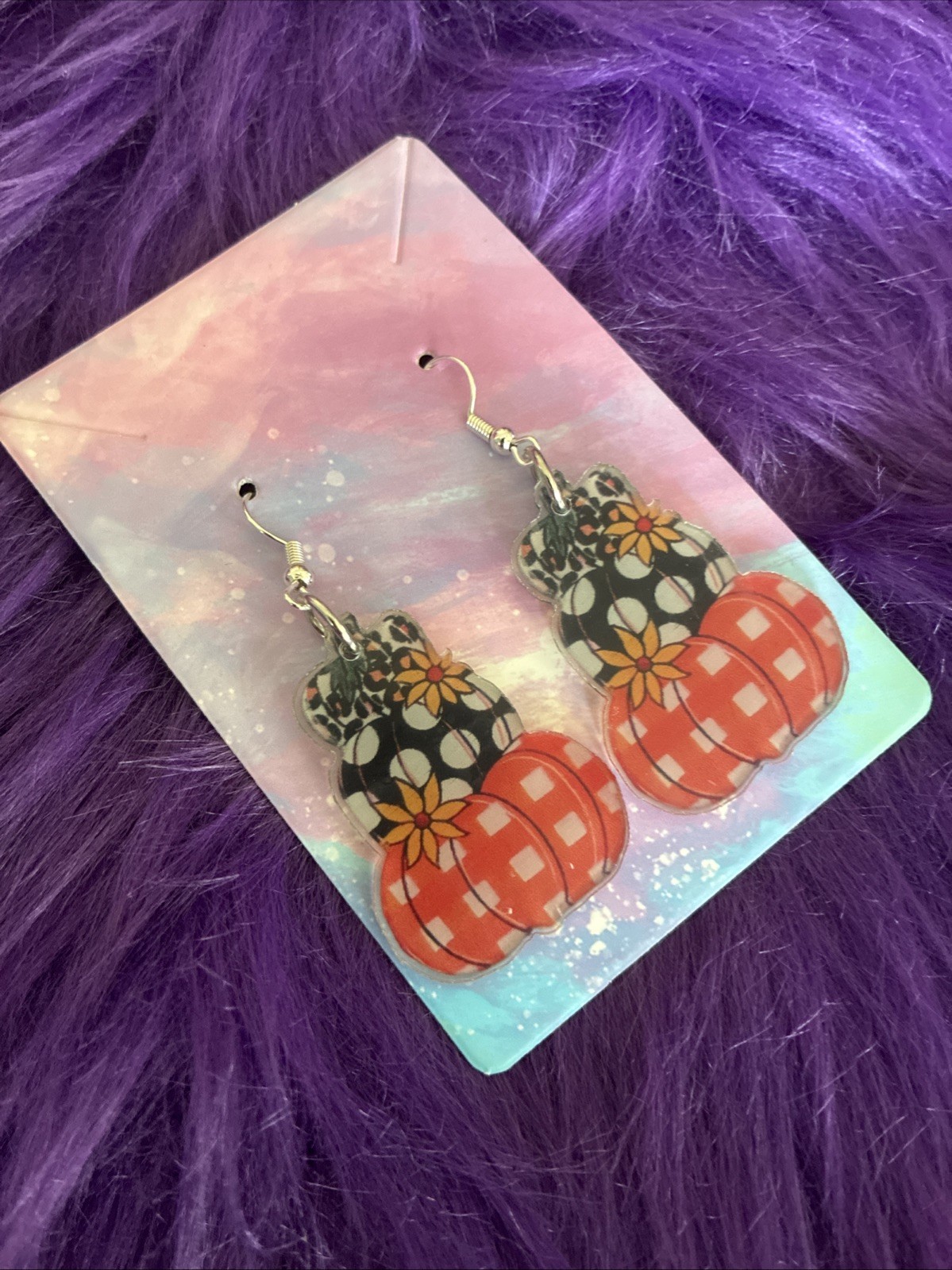 Autumn Acrylic Pumpkin Shaped Drop Style Earrings. Perfect For Halloween, Fall
