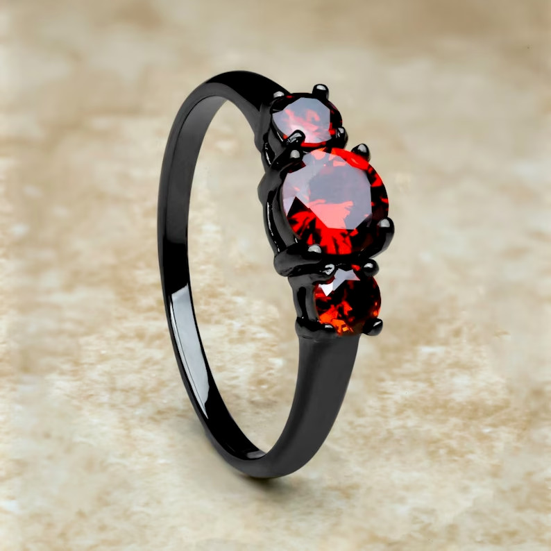 1.5CT Round Cut Lab-Created & Red Garnet Women 14k Black Gold Finish Gift Ring