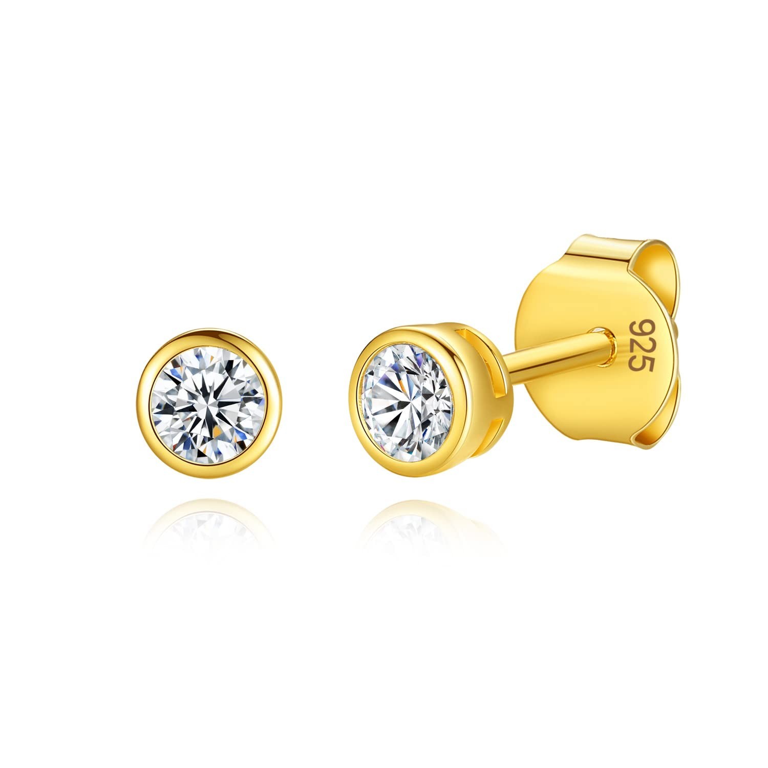 14K Gold Plated 925 Sterling Silver Cubic Zirconia Round Bezel Set Stud Earri…