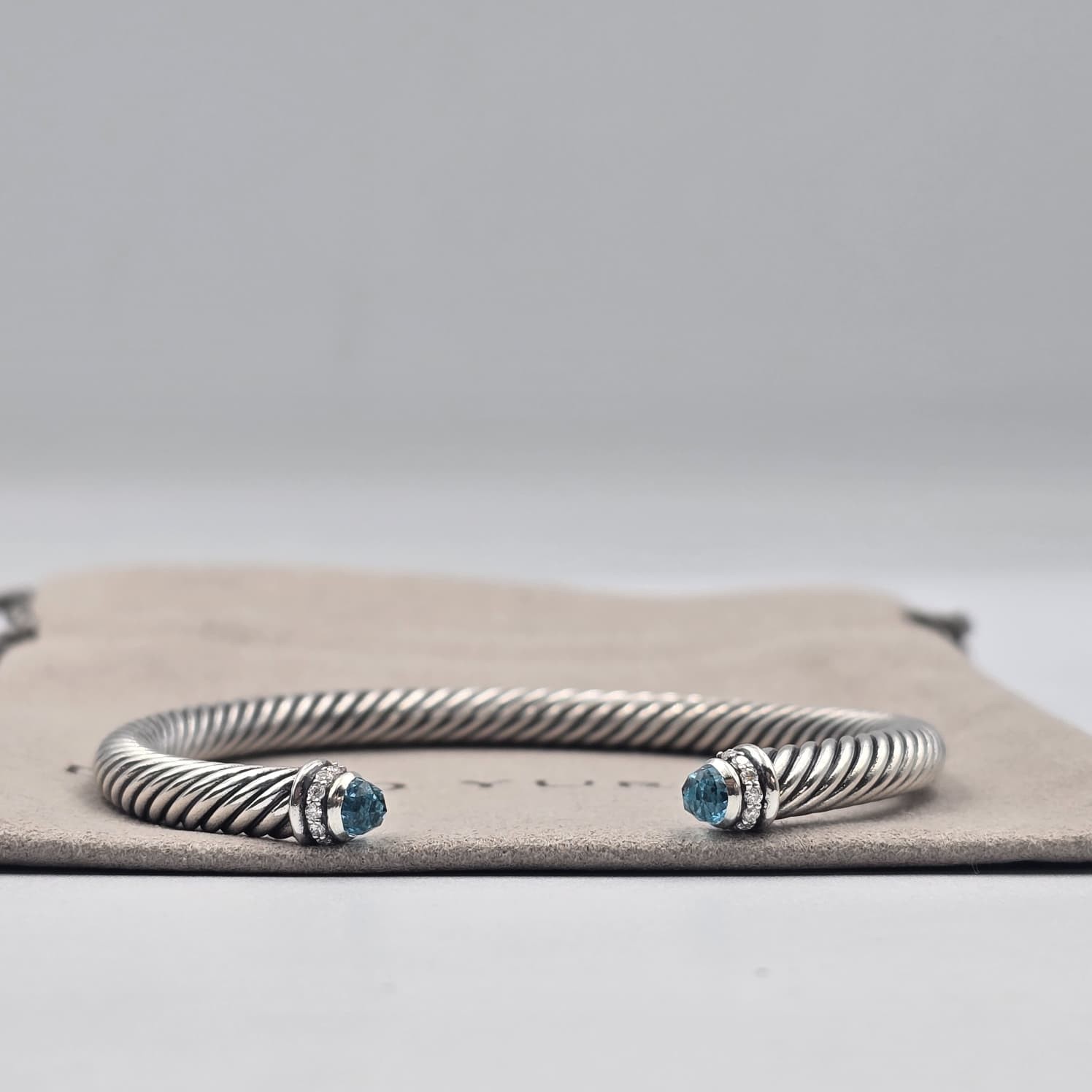 David Sterling Silver 5mm Cable Blue Topaz & Diamond Bracelet