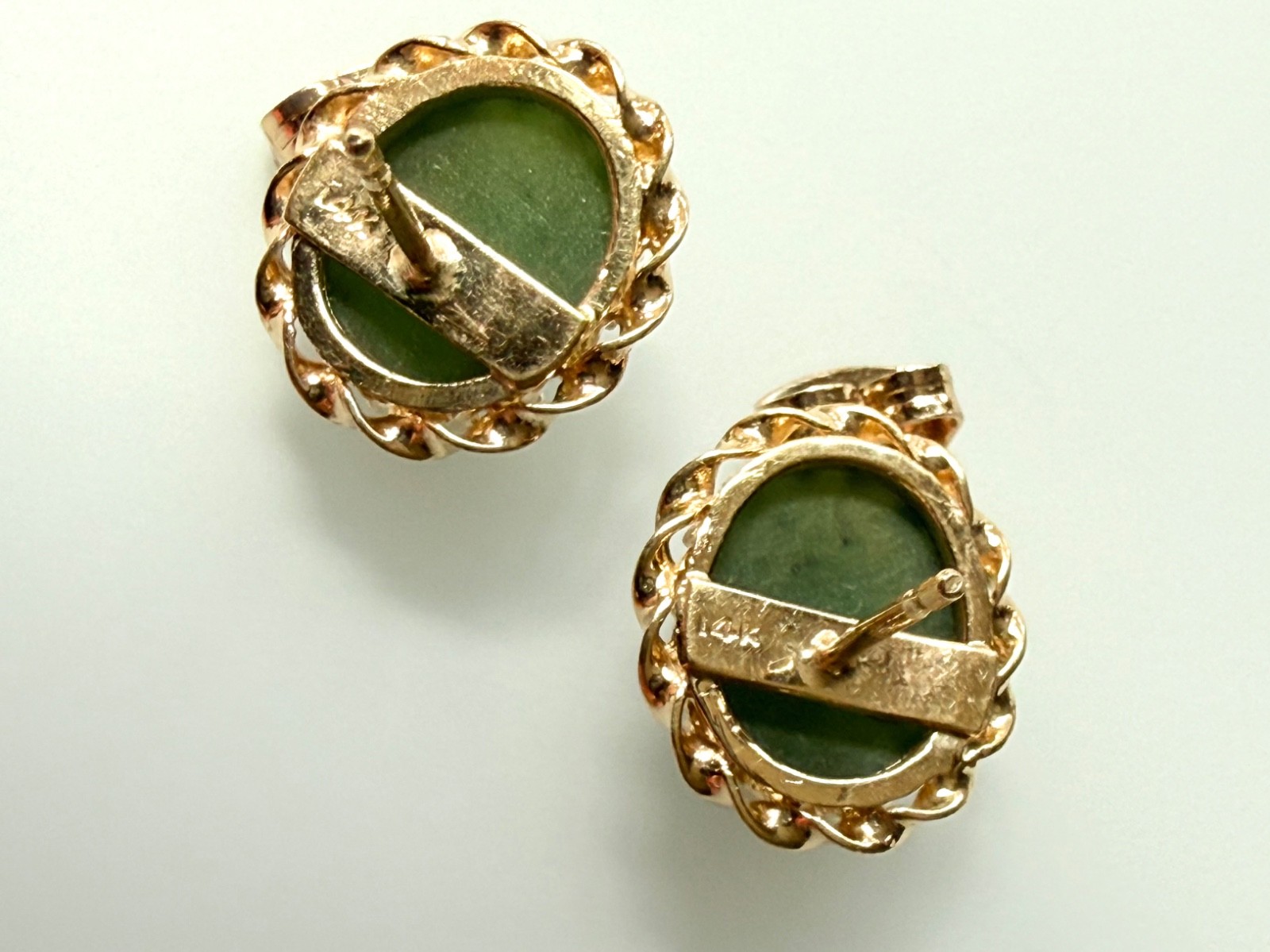 Vtg Stud Green Cabochons Earrings set in 14K Gold Intricate Twisted Prong Set…