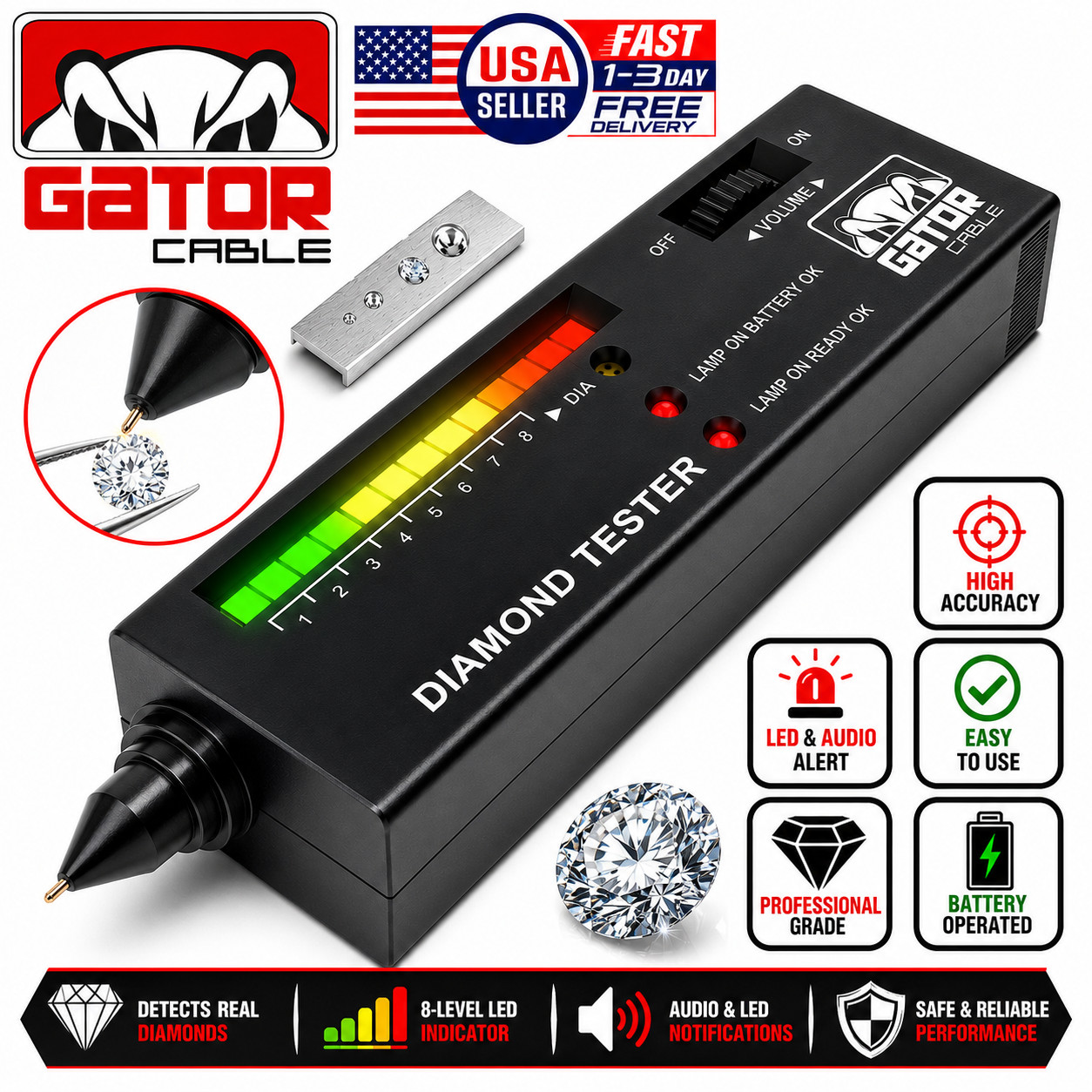 2-Pack Diamond Gemstone Tester Selector Illuminated Jewelry Testing Tool Pen HD