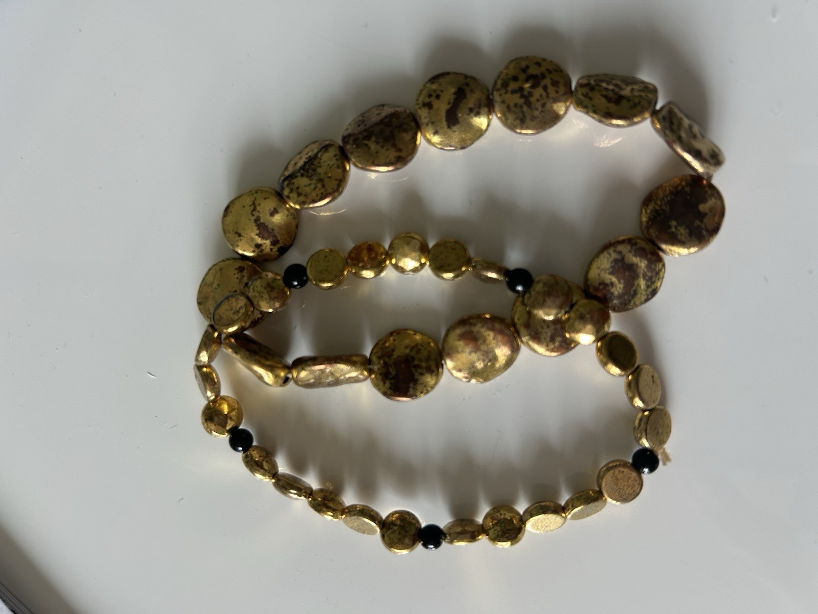 Gold Tone Disc Bracelets Black Beads Women’s Small Strech Bracelets Set of 2
