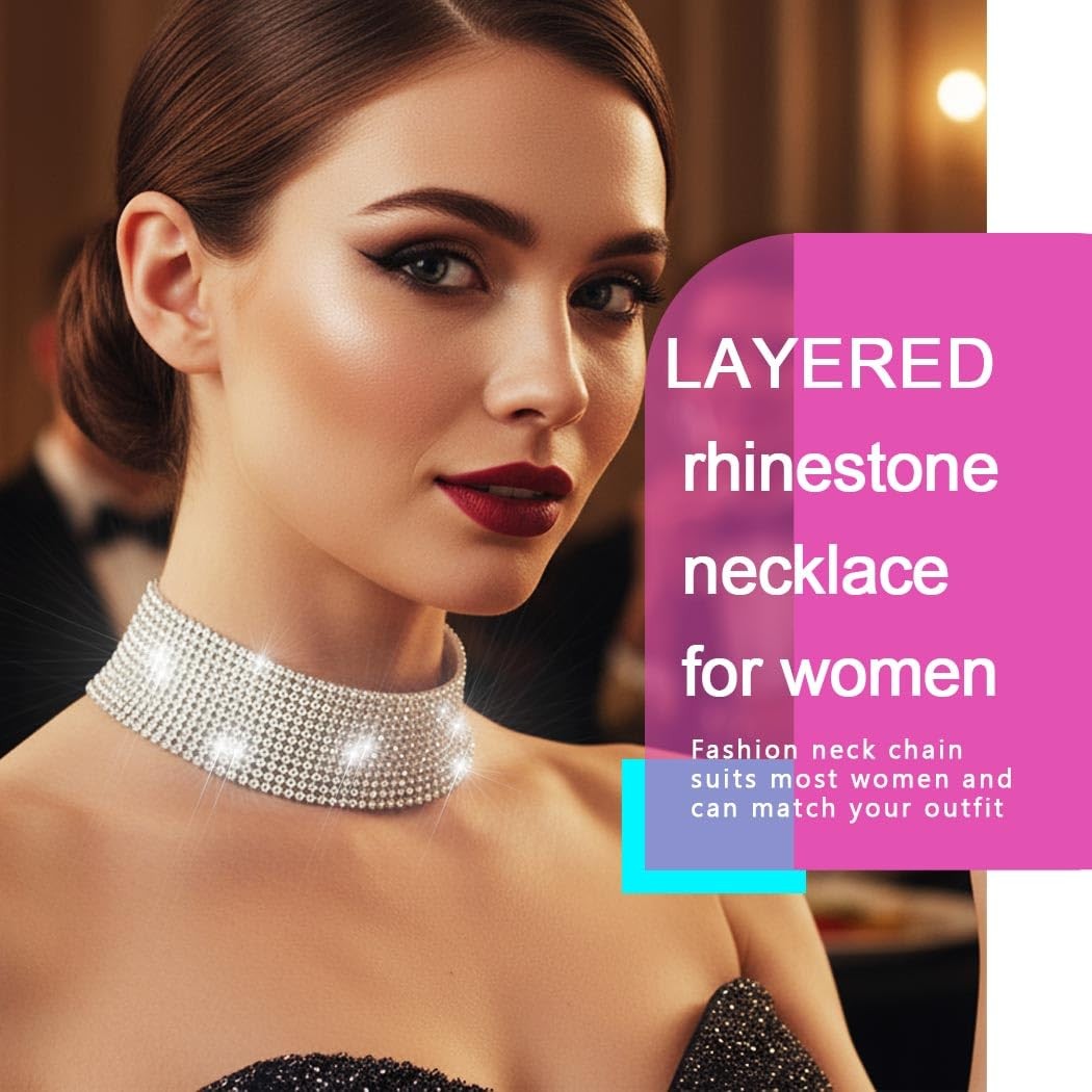 Rhinestone Necklace Jewelry Silver Crystal Wide Choker Necklace Sparkly Collar N