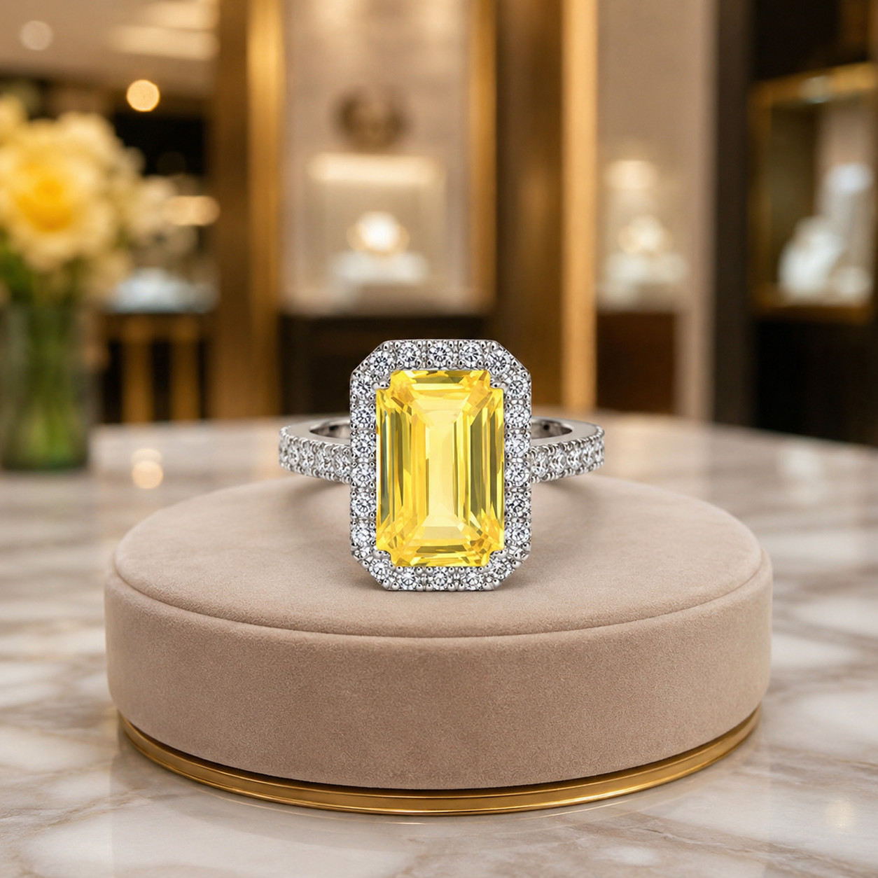 Natural Yellow Sapphire & Diamond Wedding Gift Ring 14k White Gold (Import Free)
