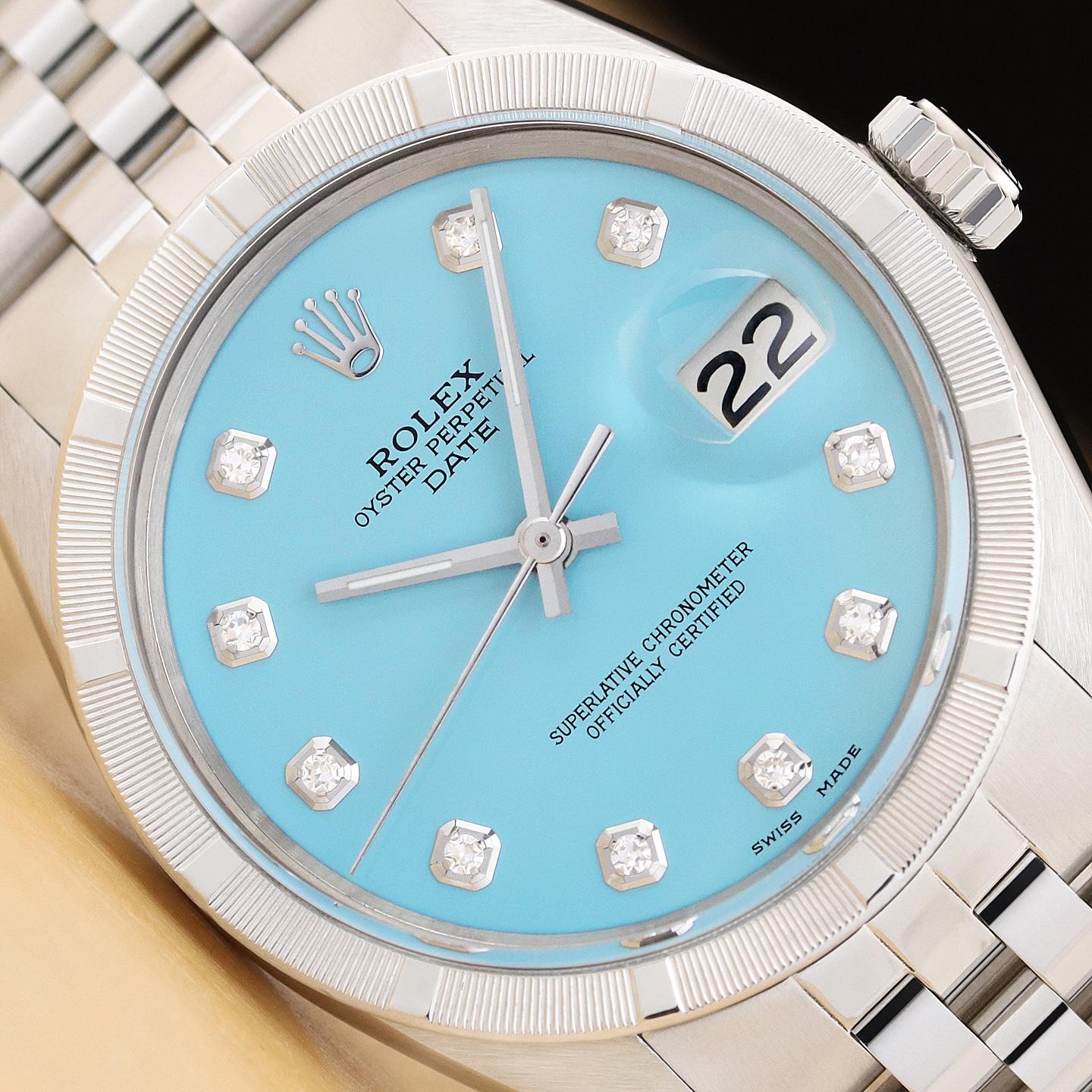 ROLEX OYSTER PERPETUAL DATE 1501 34MM STEEL AQUA BLUE DIAMOND JUBILEE WATCH