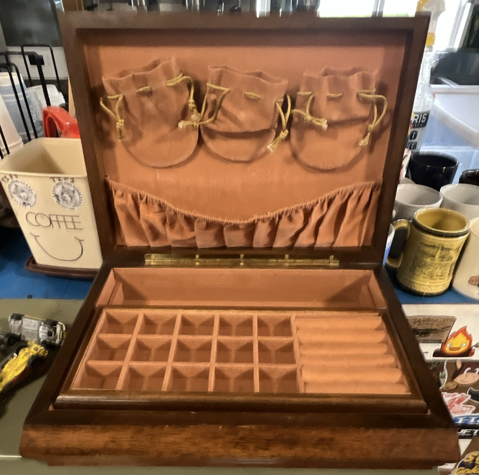 Wood Jewelry Box Organizer Brown Lined Compartments Rectangle Holds 25+ Rings