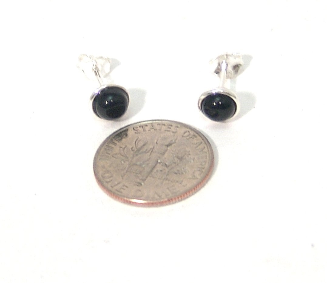 Sterling Silver Black Onyx Stud Earrings Hand Polished Bezel Set 5mm SMALL SMALL