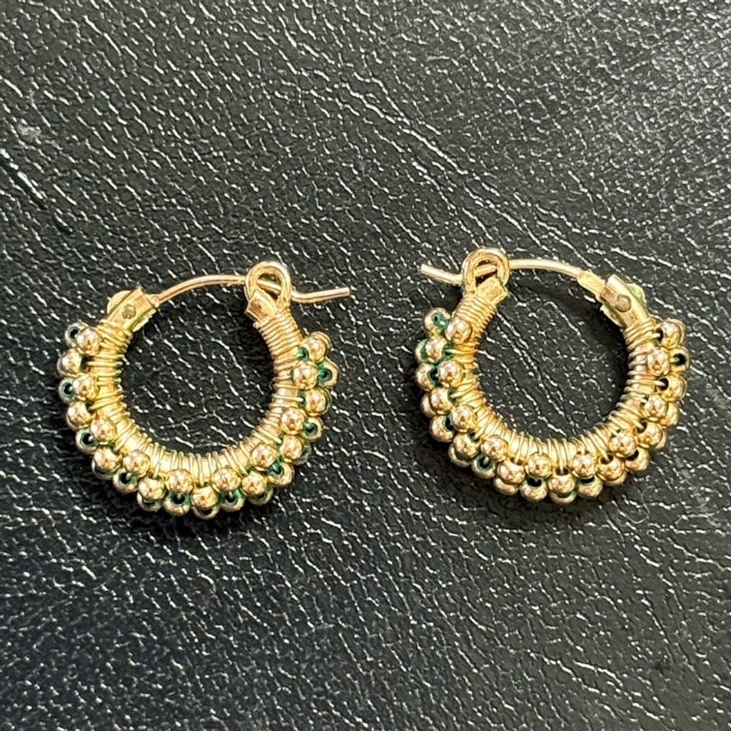 Gold Filled Huggie Hoop Earrings Wire Wrapped Beaded Gold With Green