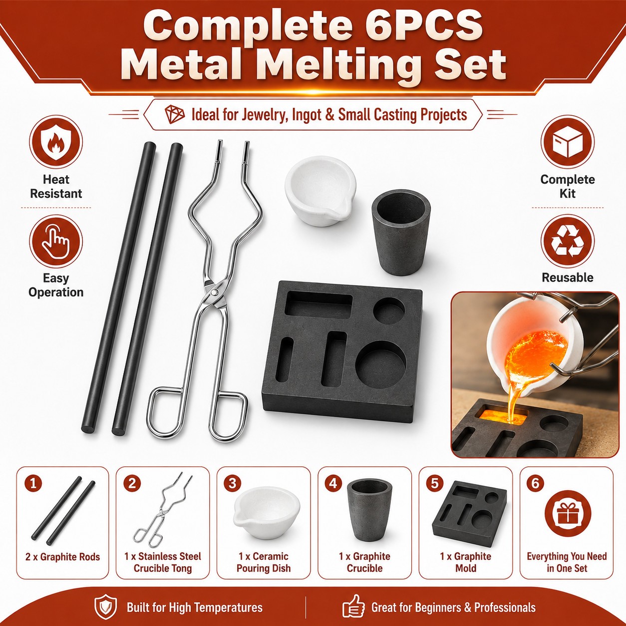 6PCS Graphite Ingot Casting Mold Kit for Gold Silver Copper Refining Melting